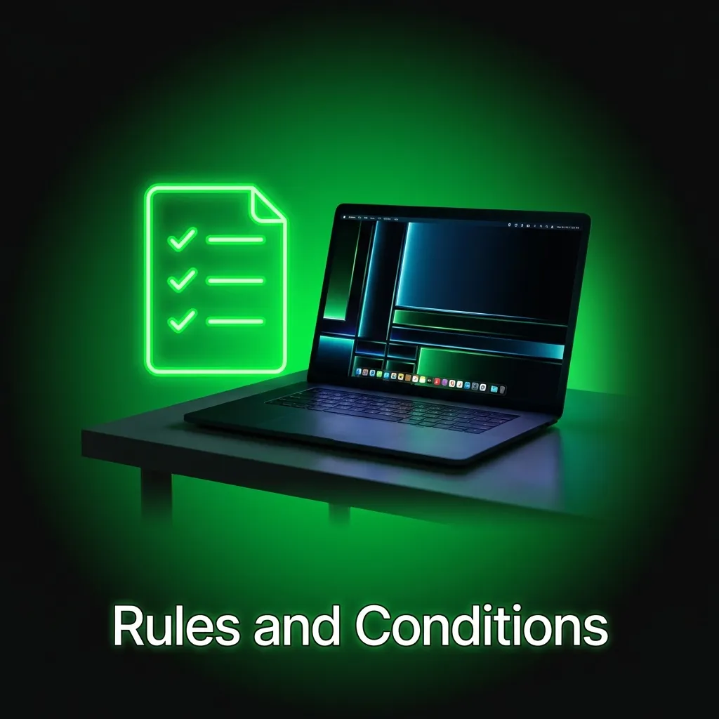Rules and conditions list showing age requirement, account limits, accurate info, bonus terms, and prohibited activities